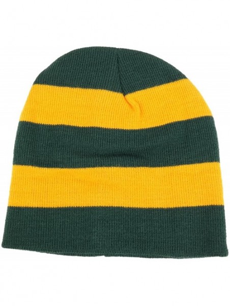 Skullies & Beanies Two Tone Thick Striped Acrylic Knit Short Winter Beanie Hat - Dark Green Gold - C41863C845E $11.73