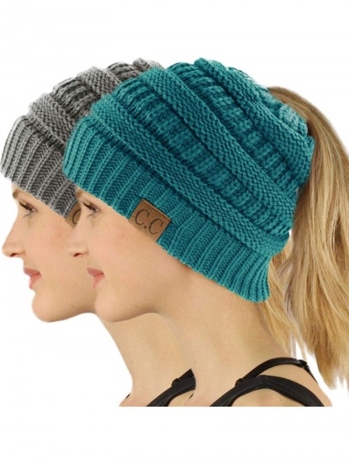 Skullies & Beanies Ponytail Messy Bun BeanieTail Soft Winter Knit Stretchy Beanie Hat Cap - CL18QX3X773 $25.37