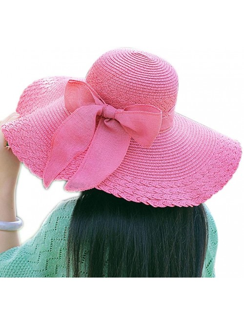 Sun Hats Women's Summer Folable Floppy Straw Hat Big Bowknot Wide Brim Beach Sun Hat - Pink - CN183YCX7GZ $10.86