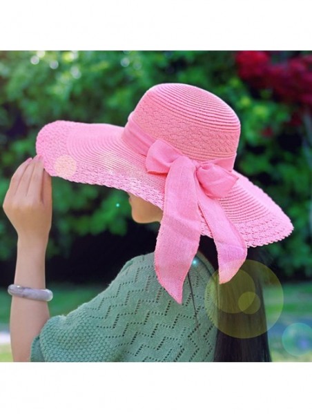 Sun Hats Women's Summer Folable Floppy Straw Hat Big Bowknot Wide Brim Beach Sun Hat - Pink - CN183YCX7GZ $10.86