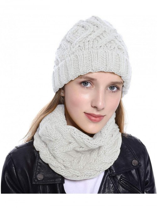 Skullies & Beanies Womens 2-Pieces Winter Beanie Hat Scarf Set Warm Knit Skull Cap Hats & Scarf for Women - White - C21920O89...