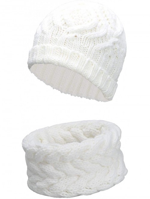 Skullies & Beanies Womens 2-Pieces Winter Beanie Hat Scarf Set Warm Knit Skull Cap Hats & Scarf for Women - White - C21920O89...