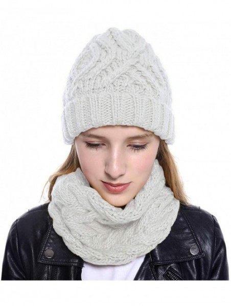 Skullies & Beanies Womens 2-Pieces Winter Beanie Hat Scarf Set Warm Knit Skull Cap Hats & Scarf for Women - White - C21920O89...