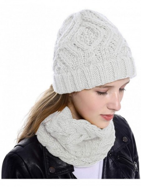 Skullies & Beanies Womens 2-Pieces Winter Beanie Hat Scarf Set Warm Knit Skull Cap Hats & Scarf for Women - White - C21920O89...