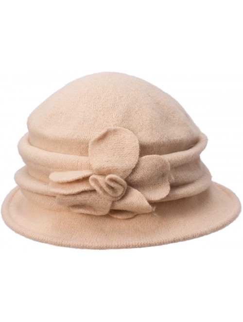 Bucket Hats Womens Ladies 100% Wool Winter Warm Flower Cloche Bucket Hat A222 - Beige - CL11NMAN0FD $21.74