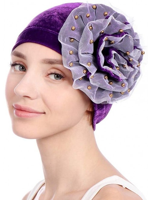 Skullies & Beanies Women Velvet Beading Flower Hat Cancer Chemo Beanie Cap - Purple - CZ18HWL9NQ3 $12.31