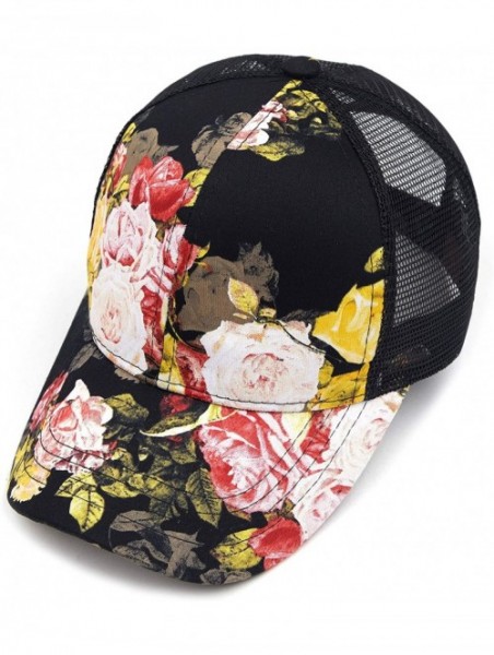 Baseball Caps Hatsandscarf Exclusives Flower Pattern Mesh Trucker Baseball Cap(BA-1006-733) - Rose-black - CF18CHG35GY $13.29