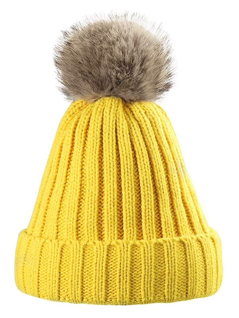 Skullies & Beanies Women Knit Winter Turn up Beanie Hat Faux Fur Pompom Hat for Girls Women - Ginger - C018XGKA8LZ $12.12