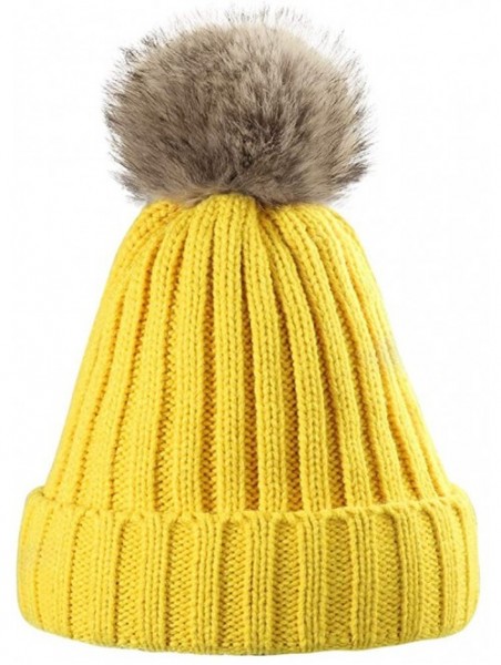 Skullies & Beanies Women Knit Winter Turn up Beanie Hat Faux Fur Pompom Hat for Girls Women - Ginger - C018XGKA8LZ $12.12