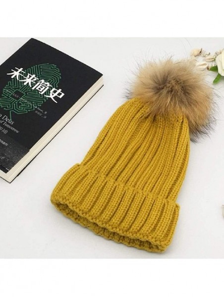 Skullies & Beanies Women Knit Winter Turn up Beanie Hat Faux Fur Pompom Hat for Girls Women - Ginger - C018XGKA8LZ $12.12