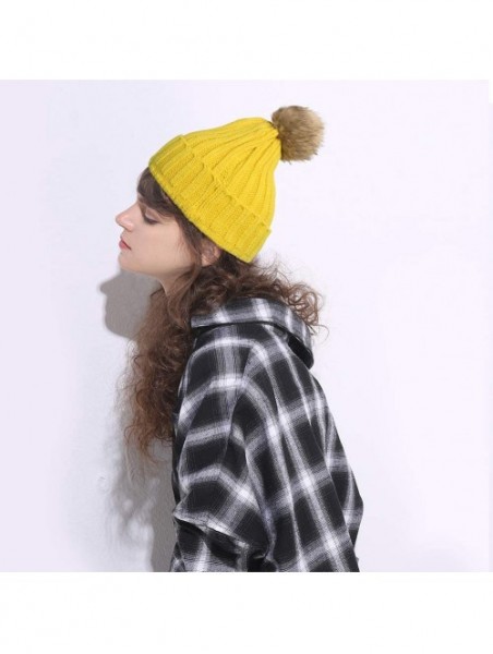 Skullies & Beanies Women Knit Winter Turn up Beanie Hat Faux Fur Pompom Hat for Girls Women - Ginger - C018XGKA8LZ $12.12