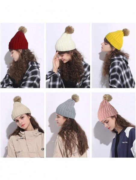 Skullies & Beanies Women Knit Winter Turn up Beanie Hat Faux Fur Pompom Hat for Girls Women - Ginger - C018XGKA8LZ $12.12