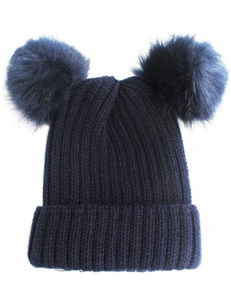 Skullies & Beanies Double Faux Fur Pom Pom Cable Knit Cuff Beanie Hat - Navy - CH12NGHNIC3 $13.04