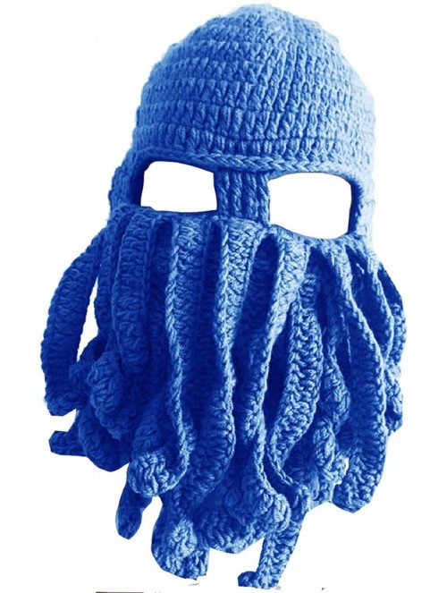 Skullies & Beanies Knit Beard Octopus Hat Mask Beanies Handmade Funny Party Caps with Wig Hair Winter - Octopus - Blue ( Adul...