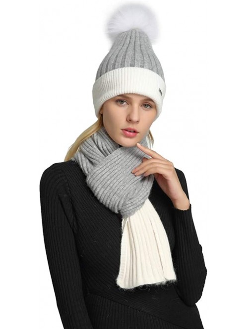 Skullies & Beanies Women's Girls Slouchy Beanie Hat with Fur Pompom Warm Winter Hat - Womens Gray White Set-white Fur - C418K...