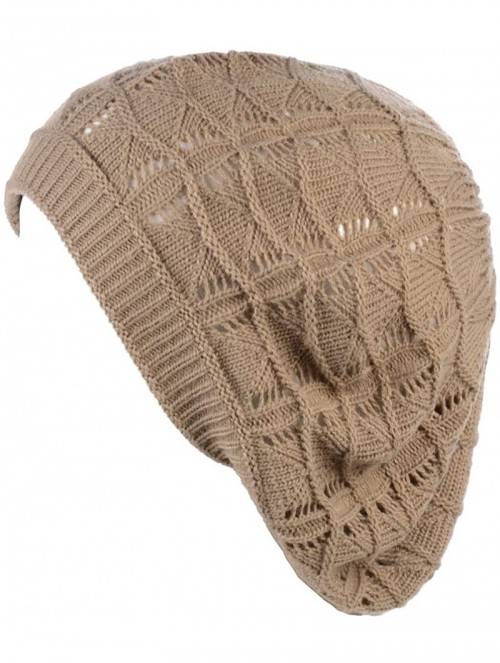 Berets Chic Soft Knit Airy Cutout Lightweight Slouchy Crochet Beret Beanie Hat - Dk.beige Wavy Stripe - CH18L3SWWZ0 $17.02