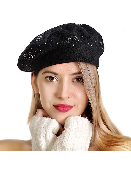 Berets Beret Hats for Women Rhinestones 2 Layers Wool French Hat Lady Winter Black Red - Black-top Rhinestones - CY187K0IMKI ...