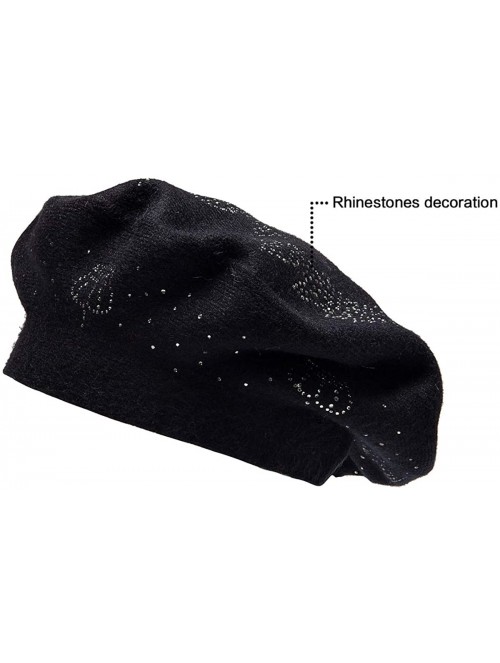 Berets Beret Hats for Women Rhinestones 2 Layers Wool French Hat Lady Winter Black Red - Black-top Rhinestones - CY187K0IMKI ...