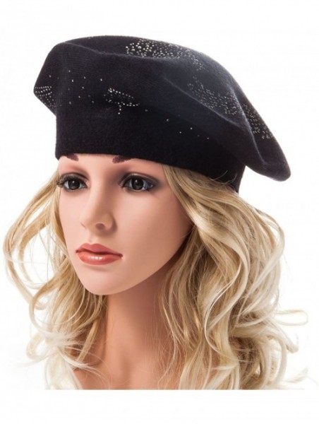 Berets Beret Hats for Women Rhinestones 2 Layers Wool French Hat Lady Winter Black Red - Black-top Rhinestones - CY187K0IMKI ...