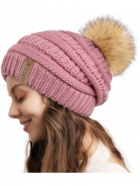 Skullies & Beanies Winter Slouchy Beanie Hats Women Fleece Lined Warm Ski Knitted Pom Pom Hat - Hot Pink - CB18UTKQH3Z $14.45