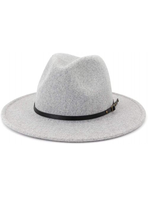 Fedoras Womens Classic Wool Fedora with Belt Buckle Wide Brim Panama Hat - B-light Grey - CL18YU06U6O $17.07