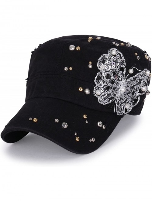 Baseball Caps Vintage Distressed Cotton Rhinestone Embellished Hat Military Cadet Cap - Black - CH12DOILDMP $43.22