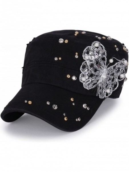 Baseball Caps Vintage Distressed Cotton Rhinestone Embellished Hat Military Cadet Cap - Black - CH12DOILDMP $43.22