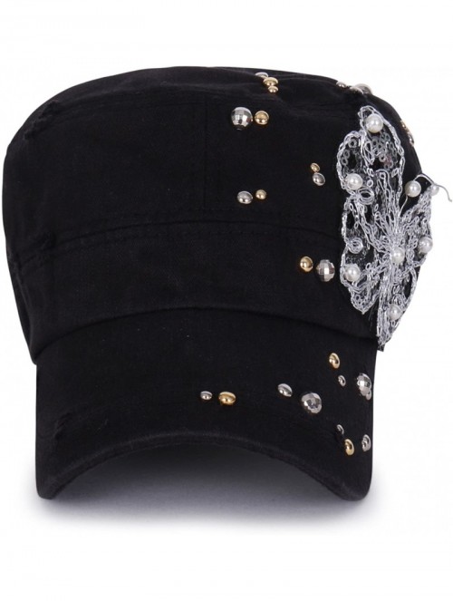 Baseball Caps Vintage Distressed Cotton Rhinestone Embellished Hat Military Cadet Cap - Black - CH12DOILDMP $43.22