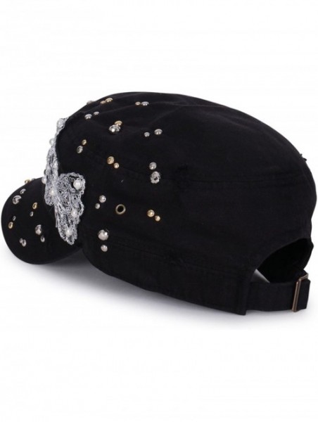 Baseball Caps Vintage Distressed Cotton Rhinestone Embellished Hat Military Cadet Cap - Black - CH12DOILDMP $43.22