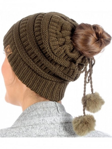 Skullies & Beanies Women's Ponytail Messy Bun Beanie Ribbed Knit Hat Cap with Adjustable Pom Pom String - Olive - CT18H4GEZXR...