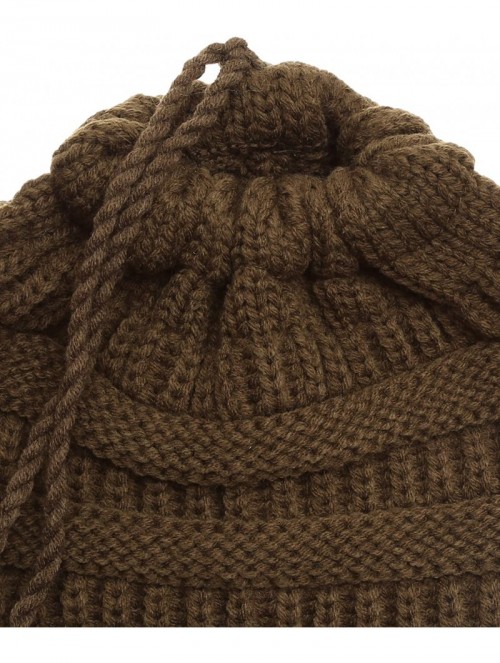 Skullies & Beanies Women's Ponytail Messy Bun Beanie Ribbed Knit Hat Cap with Adjustable Pom Pom String - Olive - CT18H4GEZXR...