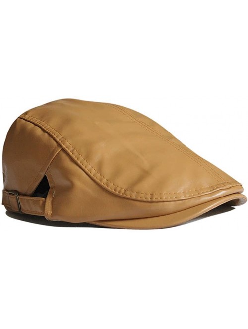 Newsboy Caps Men Women Retro Plain Color PU Synthetic Leather Flat Cap FFH129BLK - Khaki - C111K0F315D $28.78