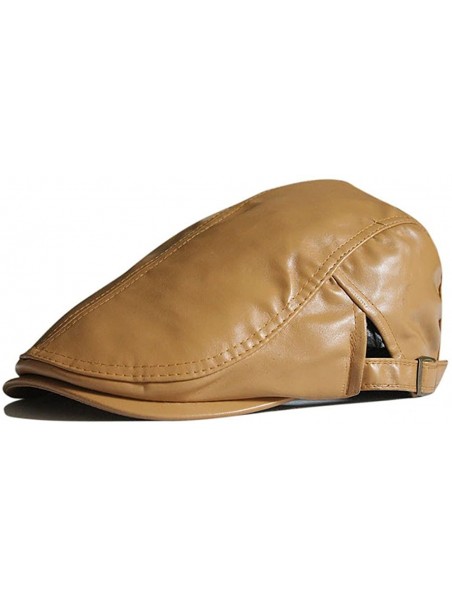 Newsboy Caps Men Women Retro Plain Color PU Synthetic Leather Flat Cap FFH129BLK - Khaki - C111K0F315D $28.78