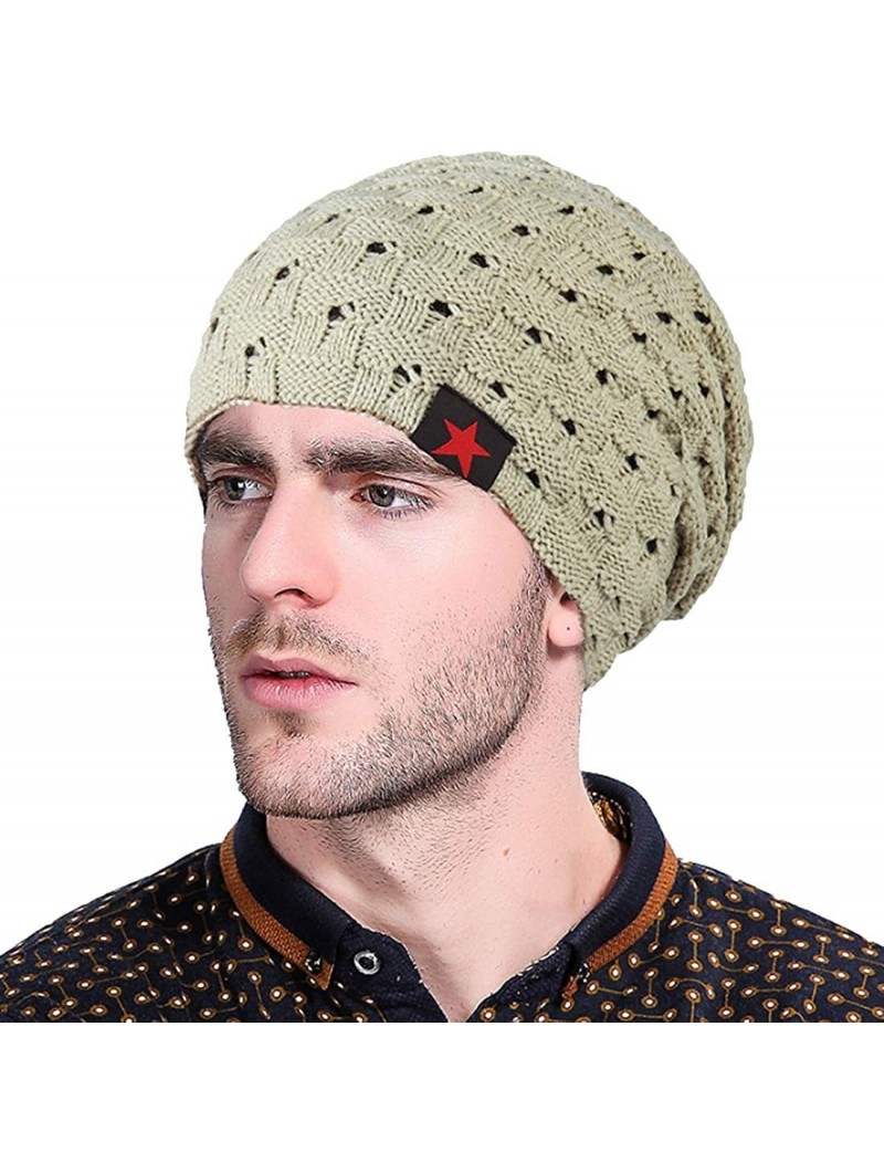 Skullies & Beanies Mens Winter Small Star Stripe Sided Knitted Hat Knitting Skull Cap - Beige - C1187W6Y33X $12.41