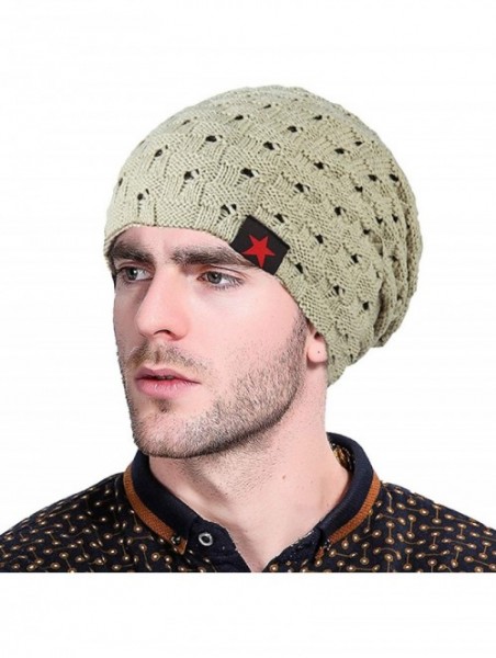 Skullies & Beanies Mens Winter Small Star Stripe Sided Knitted Hat Knitting Skull Cap - Beige - C1187W6Y33X $12.41