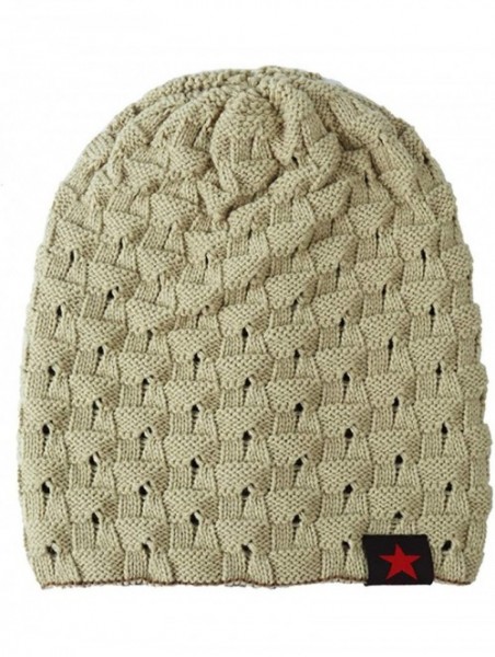 Skullies & Beanies Mens Winter Small Star Stripe Sided Knitted Hat Knitting Skull Cap - Beige - C1187W6Y33X $12.41