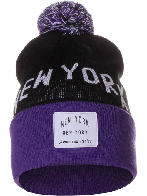Skullies & Beanies Unisex USA Fashion Arch Cities Pom Pom Knit Hat Cap Beanie - New York Black Purple - CB12NEV4T09 $14.36