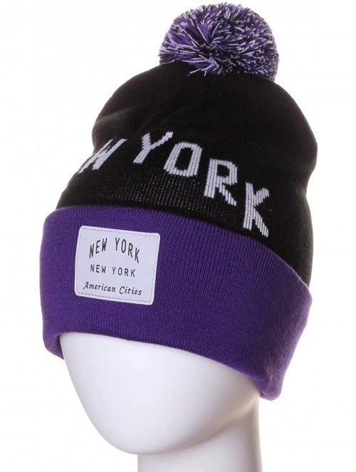 Skullies & Beanies Unisex USA Fashion Arch Cities Pom Pom Knit Hat Cap Beanie - New York Black Purple - CB12NEV4T09 $14.36