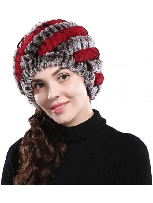 Skullies & Beanies Real Rex Rabbit Fur Knitted Women's Winter Warm Hat Cap - Coffee/Red - CR11LLIHJZB $11.15