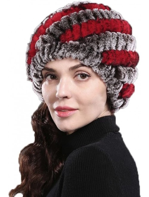 Skullies & Beanies Real Rex Rabbit Fur Knitted Women's Winter Warm Hat Cap - Coffee/Red - CR11LLIHJZB $11.15