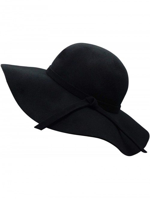 Fedoras Women's Wide Brim Wool Ribbon Band Floppy Hat - Black - C411N7Q029P $24.70