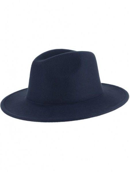 Fedoras Men's Warm Wool Blend Dent Trilby Flat Brim Fedora Hat Panama Wool Gentleman Hat - Navy Blue - CN186RHCL0E $10.42