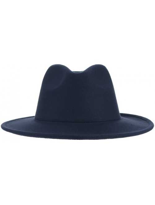 Fedoras Men's Warm Wool Blend Dent Trilby Flat Brim Fedora Hat Panama Wool Gentleman Hat - Navy Blue - CN186RHCL0E $10.42