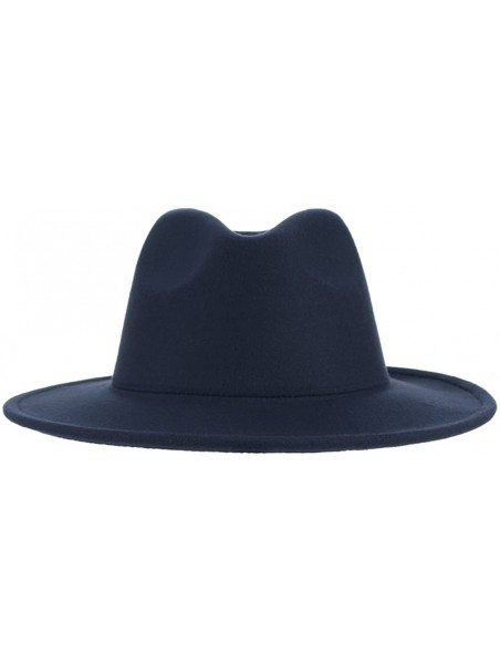 Fedoras Men's Warm Wool Blend Dent Trilby Flat Brim Fedora Hat Panama Wool Gentleman Hat - Navy Blue - CN186RHCL0E $10.42