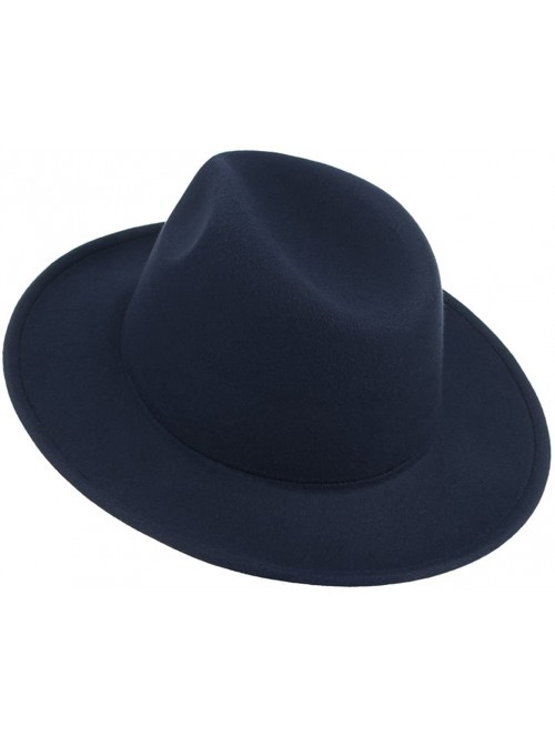 Fedoras Men's Warm Wool Blend Dent Trilby Flat Brim Fedora Hat Panama Wool Gentleman Hat - Navy Blue - CN186RHCL0E $10.42