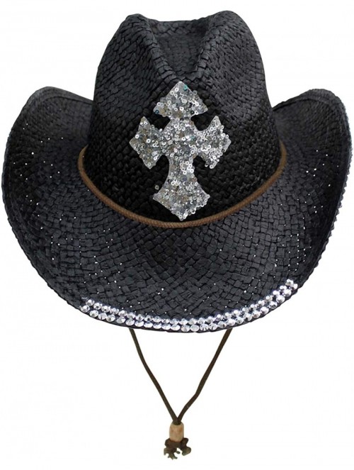 Cowboy Hats Straw Cowboy Hat with Sequin Cross - Black - C711V1PZP73 $33.36