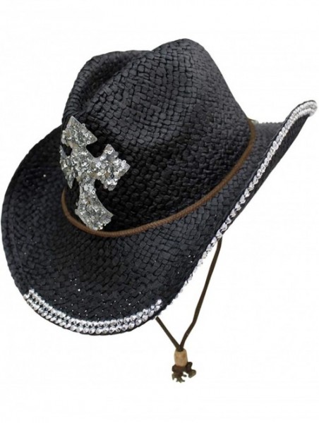 Cowboy Hats Straw Cowboy Hat with Sequin Cross - Black - C711V1PZP73 $33.36