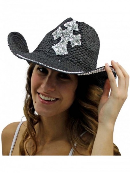 Cowboy Hats Straw Cowboy Hat with Sequin Cross - Black - C711V1PZP73 $33.36