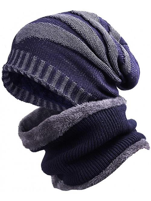 Skullies & Beanies Men Slouchy Knit Beanie Winter Hat with Fleece Thick Scarf Sets - Navy Blue Sets - CL18ZGICWG8 $11.72