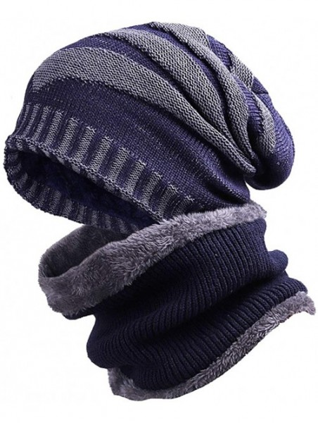 Skullies & Beanies Men Slouchy Knit Beanie Winter Hat with Fleece Thick Scarf Sets - Navy Blue Sets - CL18ZGICWG8 $11.72